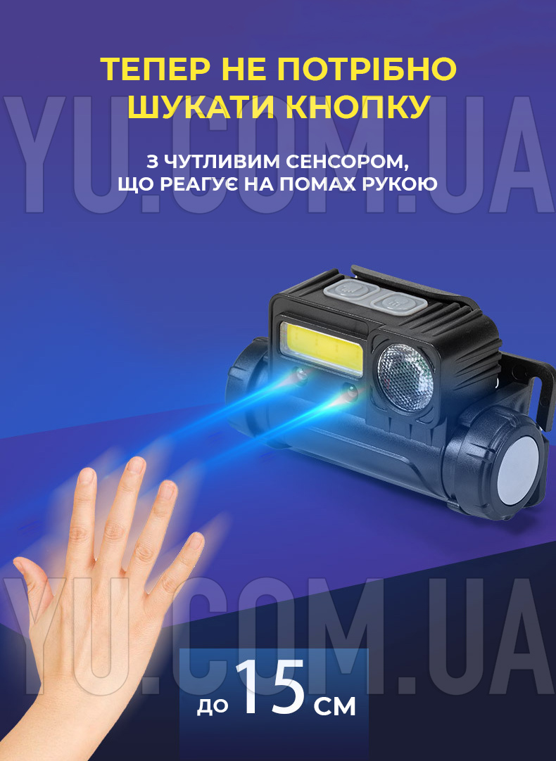 Ліхтар налобний BL-123 COB із USB зарядкою та сенсором Ліхтар налобний BL-123 COB із USB зарядкою та сенсором